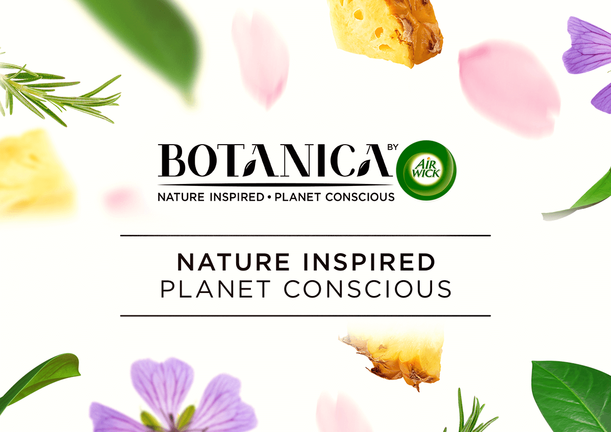 Variety of fragrance cues such as pineapple, lavender, magnolia, and geranium are shown surrounding Botanica logo and tagline Nature Inspired. Planet Conscious.